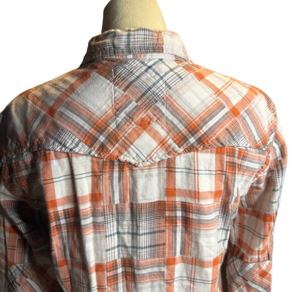 Guess Western Slim Fit Plaid Shirt, Orange and Gray Pearl Snaps, Women's Small - Picture 4 of 8